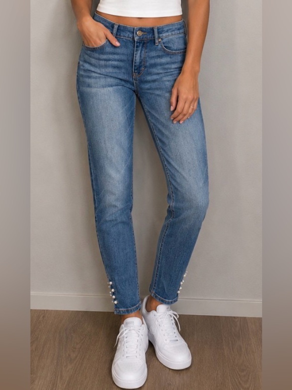 WHBM Jeans Pearls White House Skinny Crop Embellished Jewel Midrise Slim Vintage